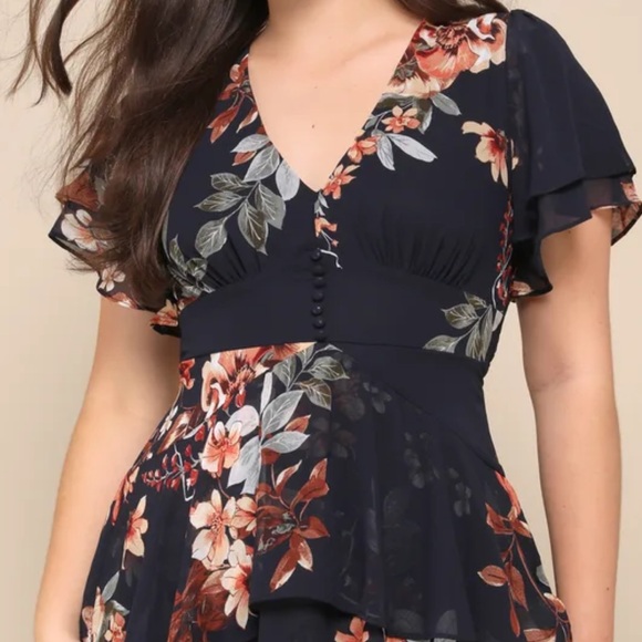 Midnight Mood Navy Blue Floral Print Tiered Maxi Dress L - Picture 2 of 10